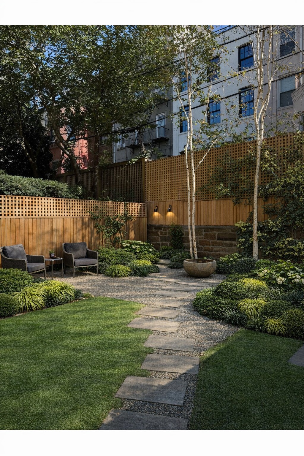 A Brooklyn brownstone strip — composed garden